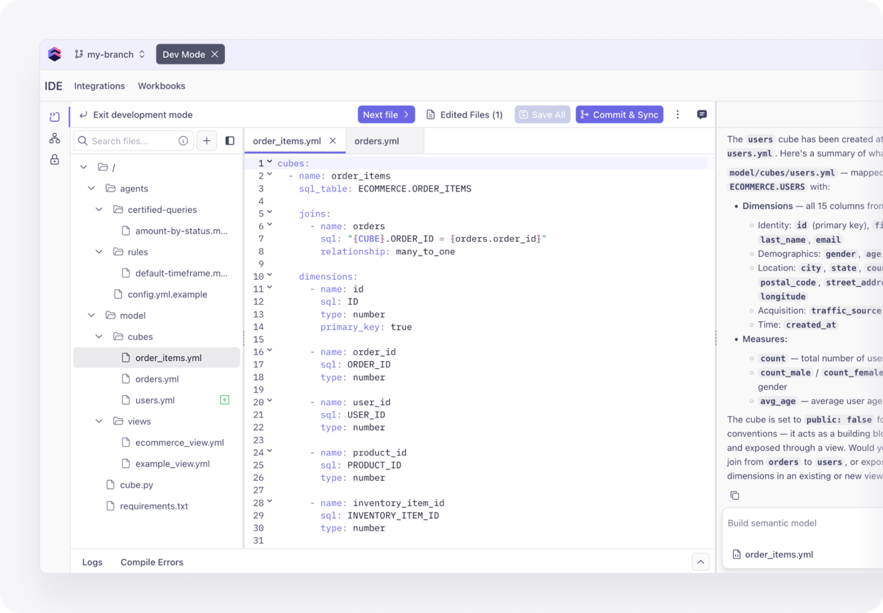 A Cube semantic model defined in YAML